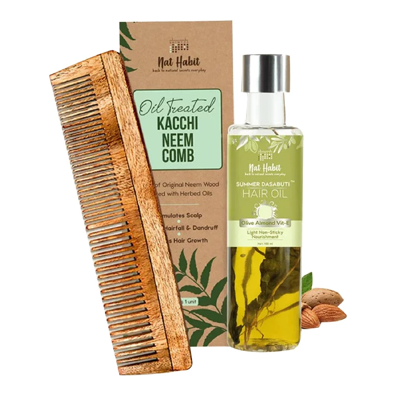 Nat Habit - Back To Natural Secrets Everyday Dual Tooth Wooden Kacchi Neem Comb & Olive Almond Dasabuti Hair Oil, 200 g-1.webp